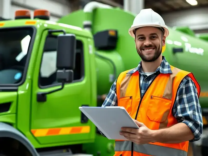 Professional septic service technician with equipment